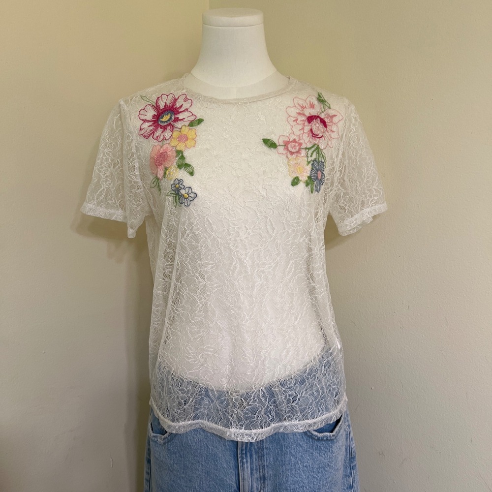 Zara W&B White Floral Embroidered Lace Sheer Short Sleeve T-Shirt Womens Small
